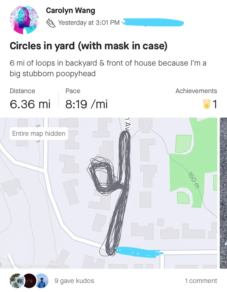 a strava post of me rage-running in my yard after testing positive for covid-19 three days before CCS :,)